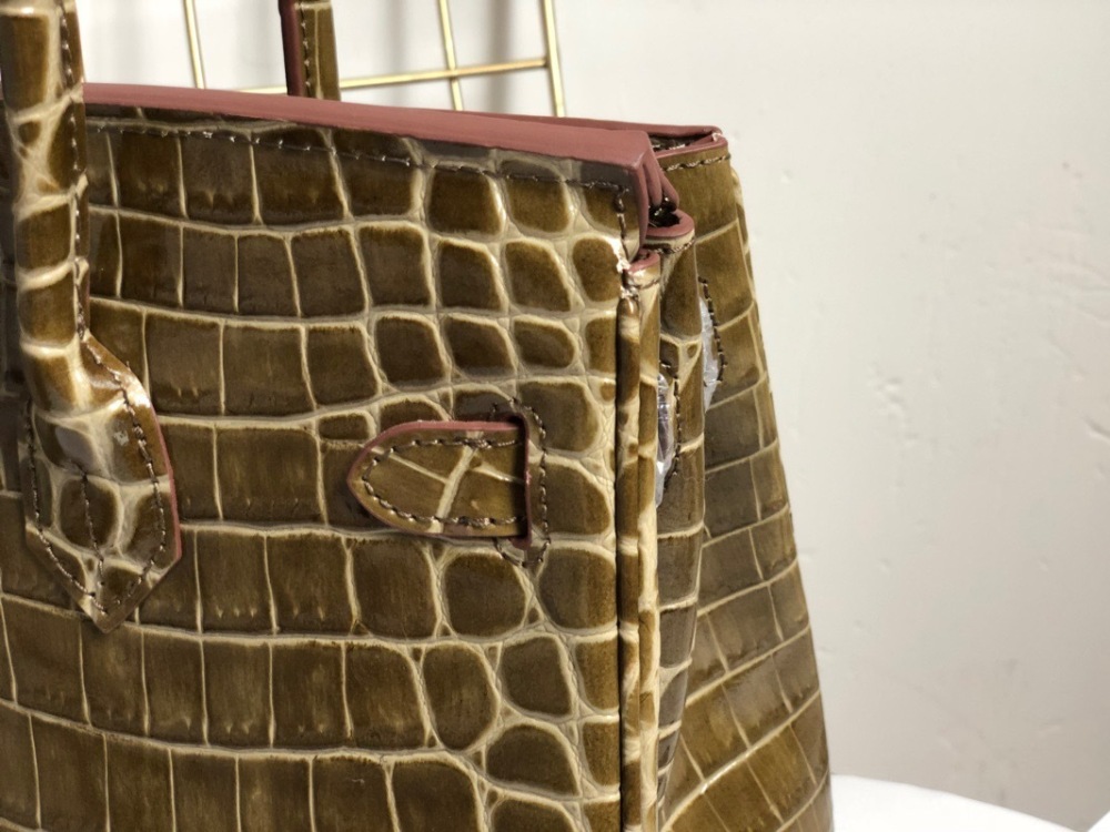 Genuine Top Layer Leather Women's Handbag, Crocodile Embossed Birkin Style Shoulder Bag, Luxury Satchel Tote Bag with Gold Hardware