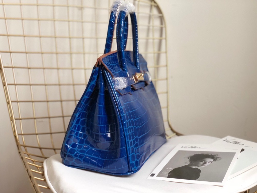 Crocodile Embossed Genuine Leather Top Handle Bag, Luxury Birkin Style Satchel Handbag for Women