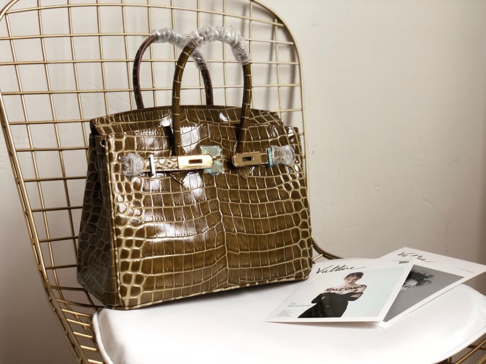 Genuine Top Layer Leather Women's Handbag, Crocodile Embossed Birkin Style Shoulder Bag, Luxury Satchel Tote Bag with Gold Hardware