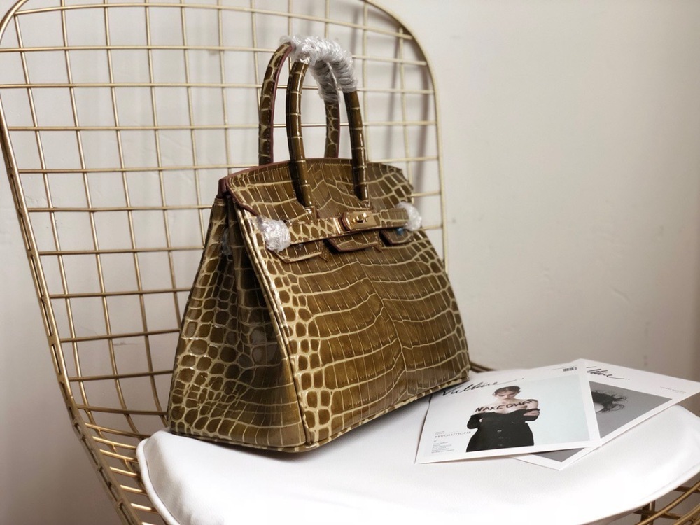 Genuine Top Layer Leather Women's Handbag, Crocodile Embossed Birkin Style Shoulder Bag, Luxury Satchel Tote Bag with Gold Hardware