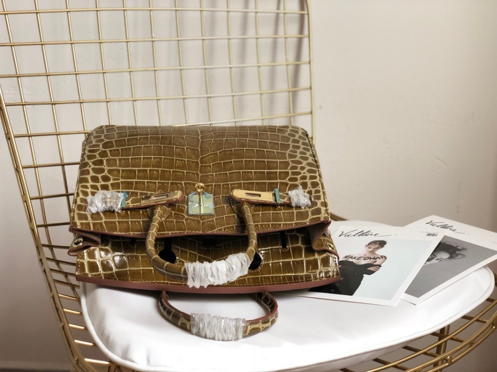 Genuine Top Layer Leather Women's Handbag, Crocodile Embossed Birkin Style Shoulder Bag, Luxury Satchel Tote Bag with Gold Hardware