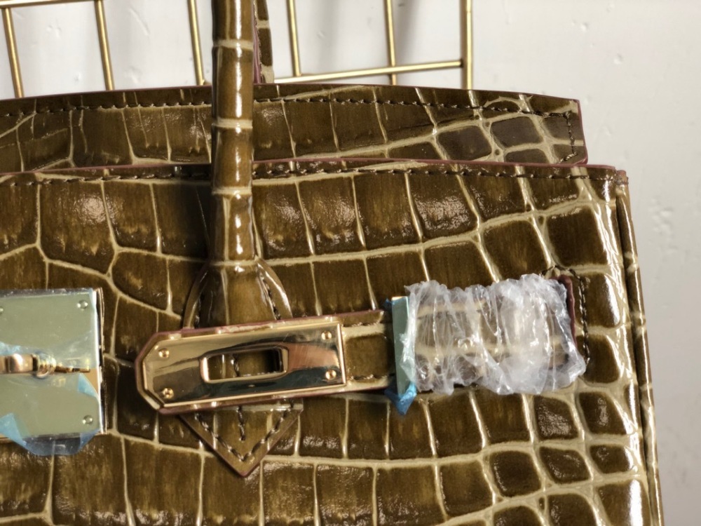 Genuine Top Layer Leather Women's Handbag, Crocodile Embossed Birkin Style Shoulder Bag, Luxury Satchel Tote Bag with Gold Hardware