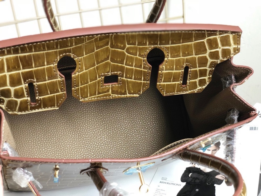 Genuine Top Layer Leather Women's Handbag, Crocodile Embossed Birkin Style Shoulder Bag, Luxury Satchel Tote Bag with Gold Hardware