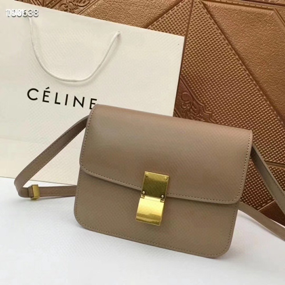 CELINE Women's Classic Box Shoulder Bag, Beige Calfskin Luxury Crossbody Handbag with Gold-Tone Hardware