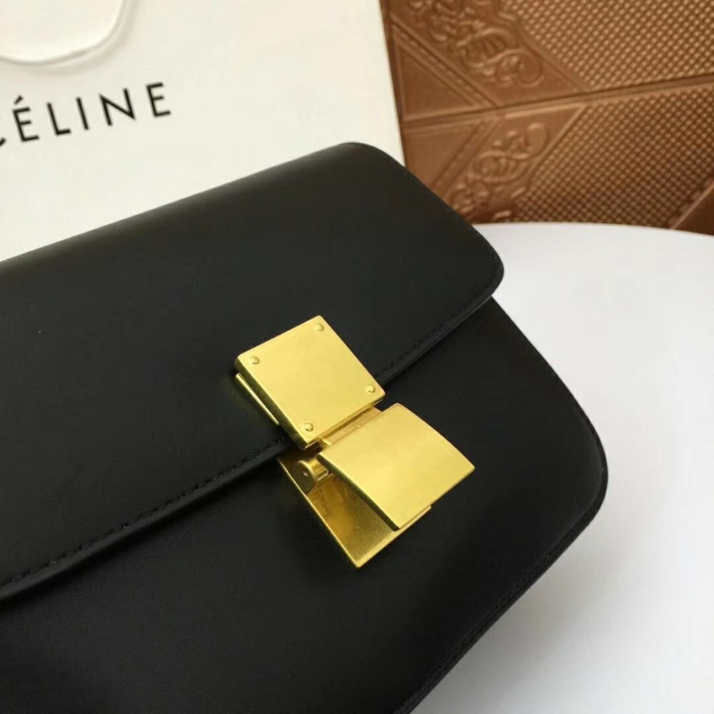 CELINE Women's Classic Box Shoulder Bag, Black Calfskin Luxury Crossbody Handbag with Gold-Tone Hardware
