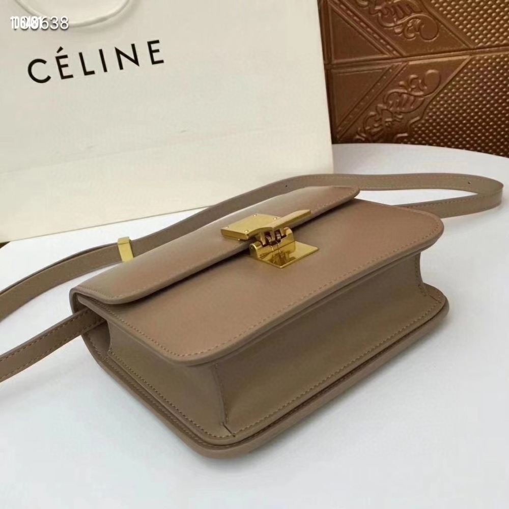 CELINE Women's Classic Box Shoulder Bag, Beige Calfskin Luxury Crossbody Handbag with Gold-Tone Hardware
