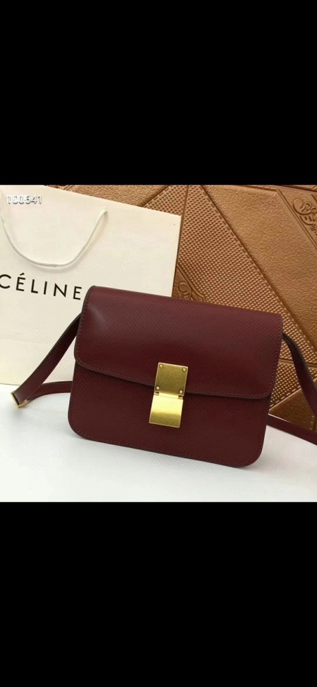 CELINE Women's Classic Box Shoulder Bag, Burgundy Calfskin Luxury Crossbody Handbag with Gold-Tone Hardware
