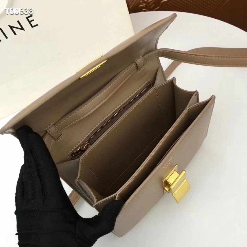 CELINE Women's Classic Box Shoulder Bag, Beige Calfskin Luxury Crossbody Handbag with Gold-Tone Hardware