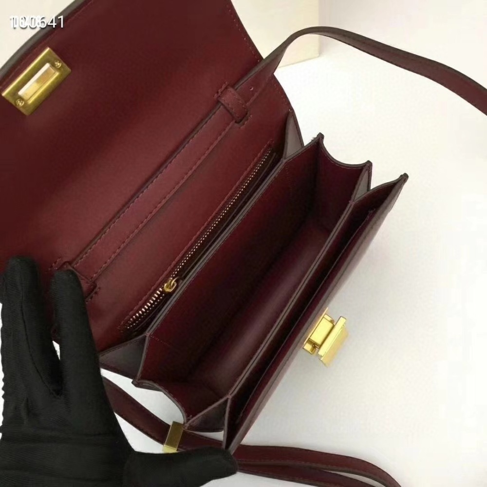 CELINE Women's Classic Box Shoulder Bag, Burgundy Calfskin Luxury Crossbody Handbag with Gold-Tone Hardware