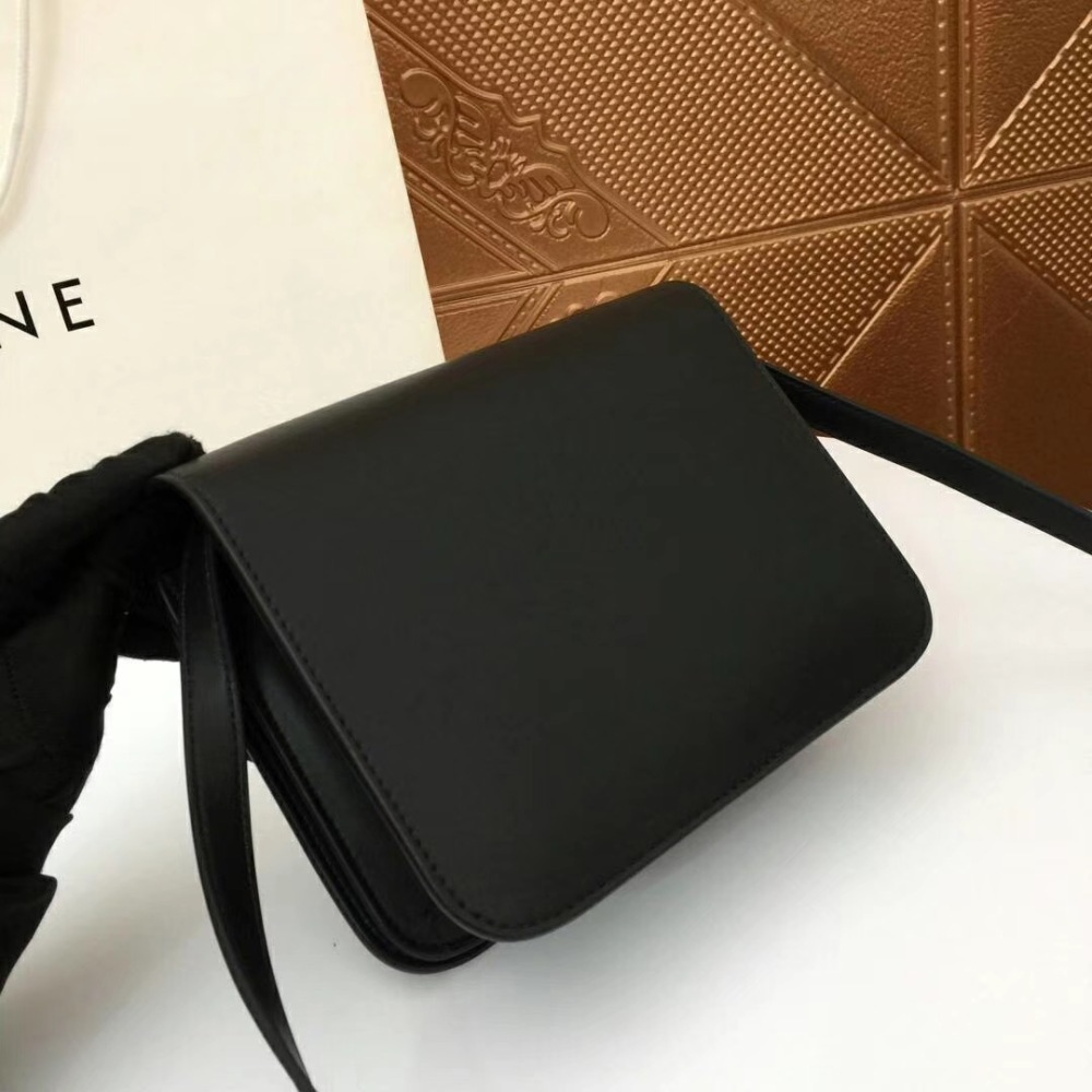 CELINE Women's Classic Box Shoulder Bag, Black Calfskin Luxury Crossbody Handbag with Gold-Tone Hardware