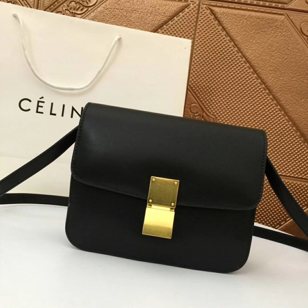CELINE Women's Classic Box Shoulder Bag, Black Calfskin Luxury Crossbody Handbag with Gold-Tone Hardware