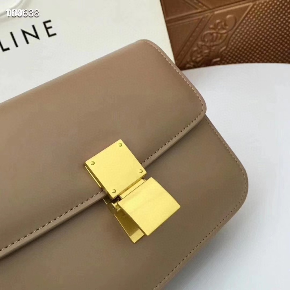 CELINE Women's Classic Box Shoulder Bag, Beige Calfskin Luxury Crossbody Handbag with Gold-Tone Hardware