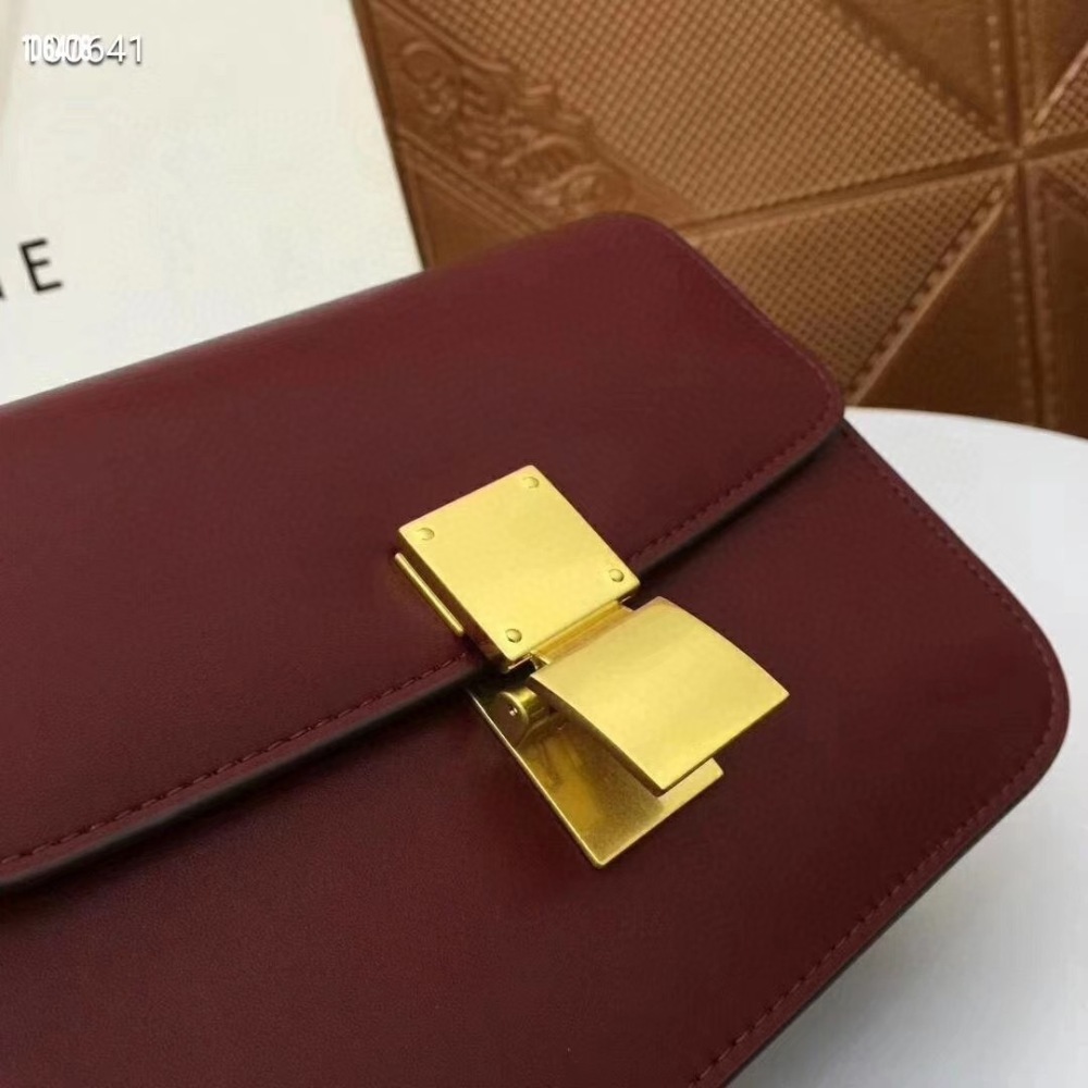 CELINE Women's Classic Box Shoulder Bag, Burgundy Calfskin Luxury Crossbody Handbag with Gold-Tone Hardware