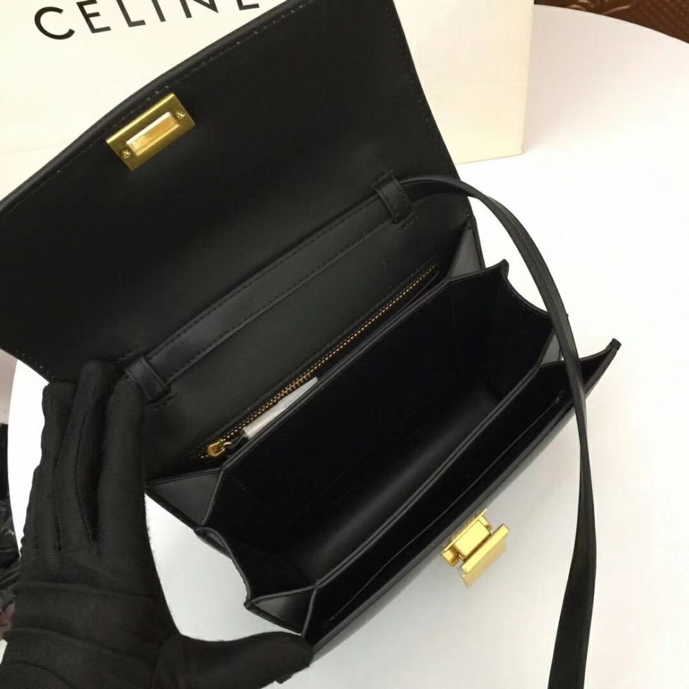 CELINE Women's Classic Box Shoulder Bag, Black Calfskin Luxury Crossbody Handbag with Gold-Tone Hardware