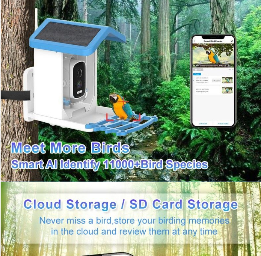 Smart Bird Feeder with Camera Solar Powered Waterproof for Garden Bird Watching Camera