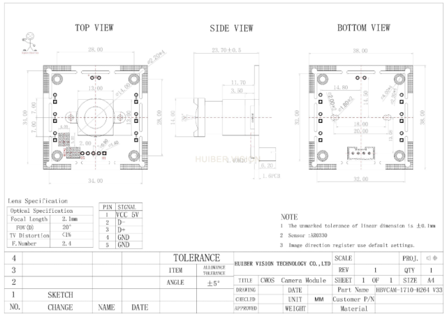 High Quality 2MP H.264 model AR0330(1/3'') Sensor High Definition Fixed Focus 4PIN 2 mega pixel CMOS Camera Module
