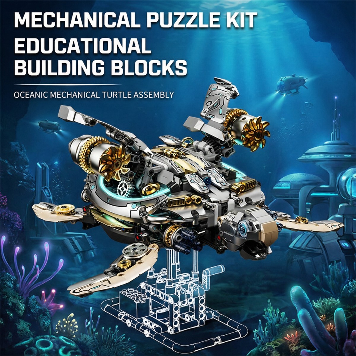 Mechanical Turtle Building Block with Hand-Crank Gear Motion-Steampunk＆Educational Construction Set for Adults Teens and Model Enthusiasts-JXSW03