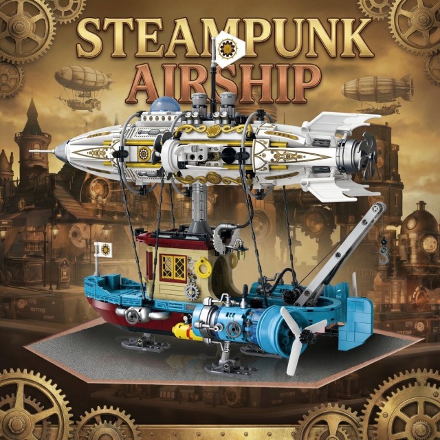 Steampunk Steam Airship Lighting Building Block Set - Steampunk Airship Model Pirate Ship Destroyer Toy Set Collection Display Set - 1256 Pieces - Suitable for Adults, Teenagers, and Steampunk Enthusiasts-PKSD02