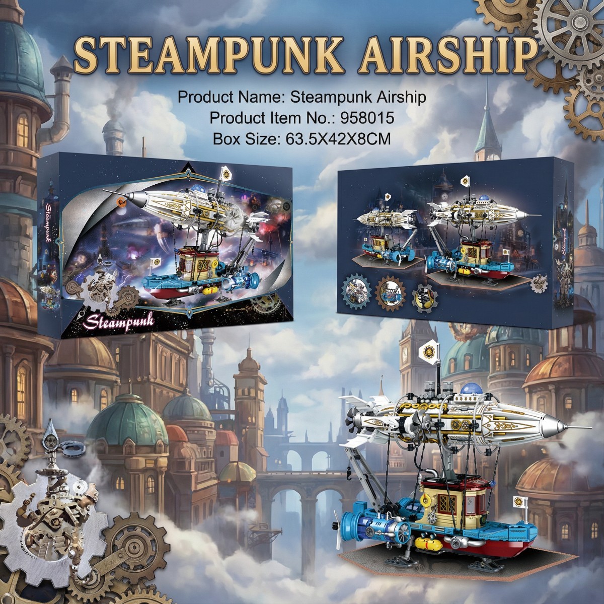 Steampunk Steam Airship Lighting Building Block Set - Steampunk Airship Model Pirate Ship Destroyer Toy Set Collection Display Set - 1256 Pieces - Suitable for Adults, Teenagers, and Steampunk Enthusiasts-PKSD02