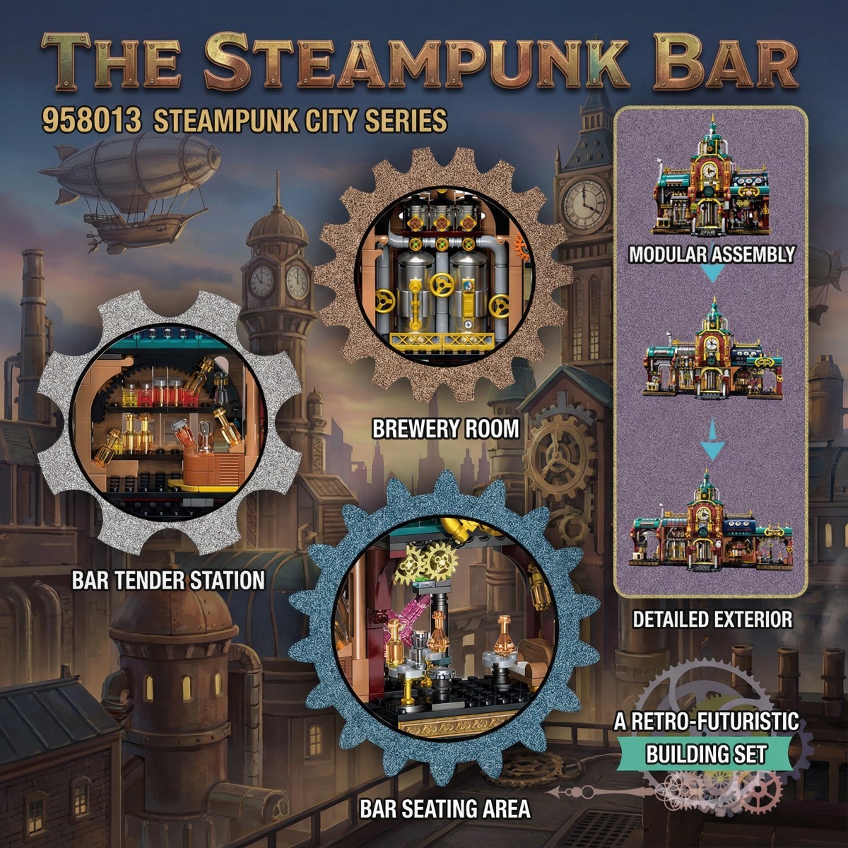 Steampunk bar model set-adult version-rich colors-gear drive system-DIY building block set-retro sci-fi assembly toy-excellent for collection and display-PKSD01