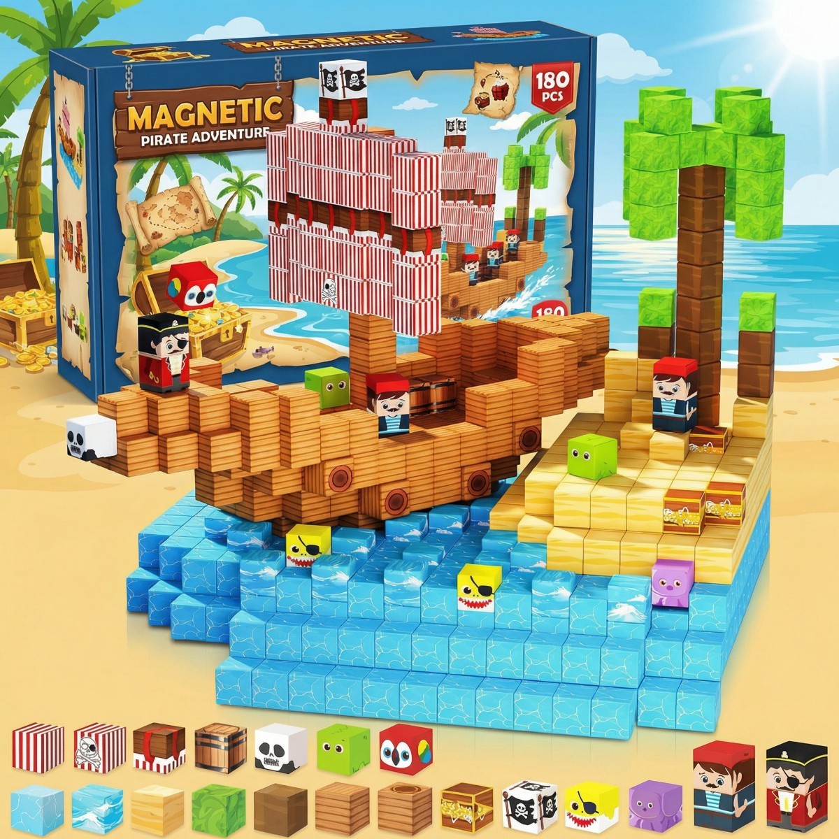 Magnetic building block game allows for the construction of pirate ships, beaches-Magnetic assembly toy-STEM sensory gift-Perfect for boys' and girls' birthdays-CLFK06