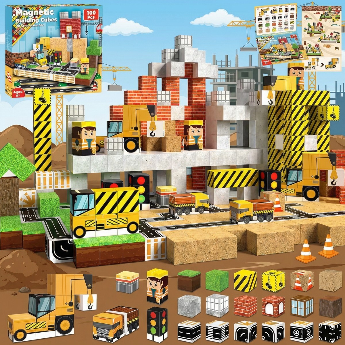 Magnetic building block game-Featuring city scenes-Magnetic assembly toy-STEM sensory gift-Suitable for boys and girls' birthdays-CLFK08
