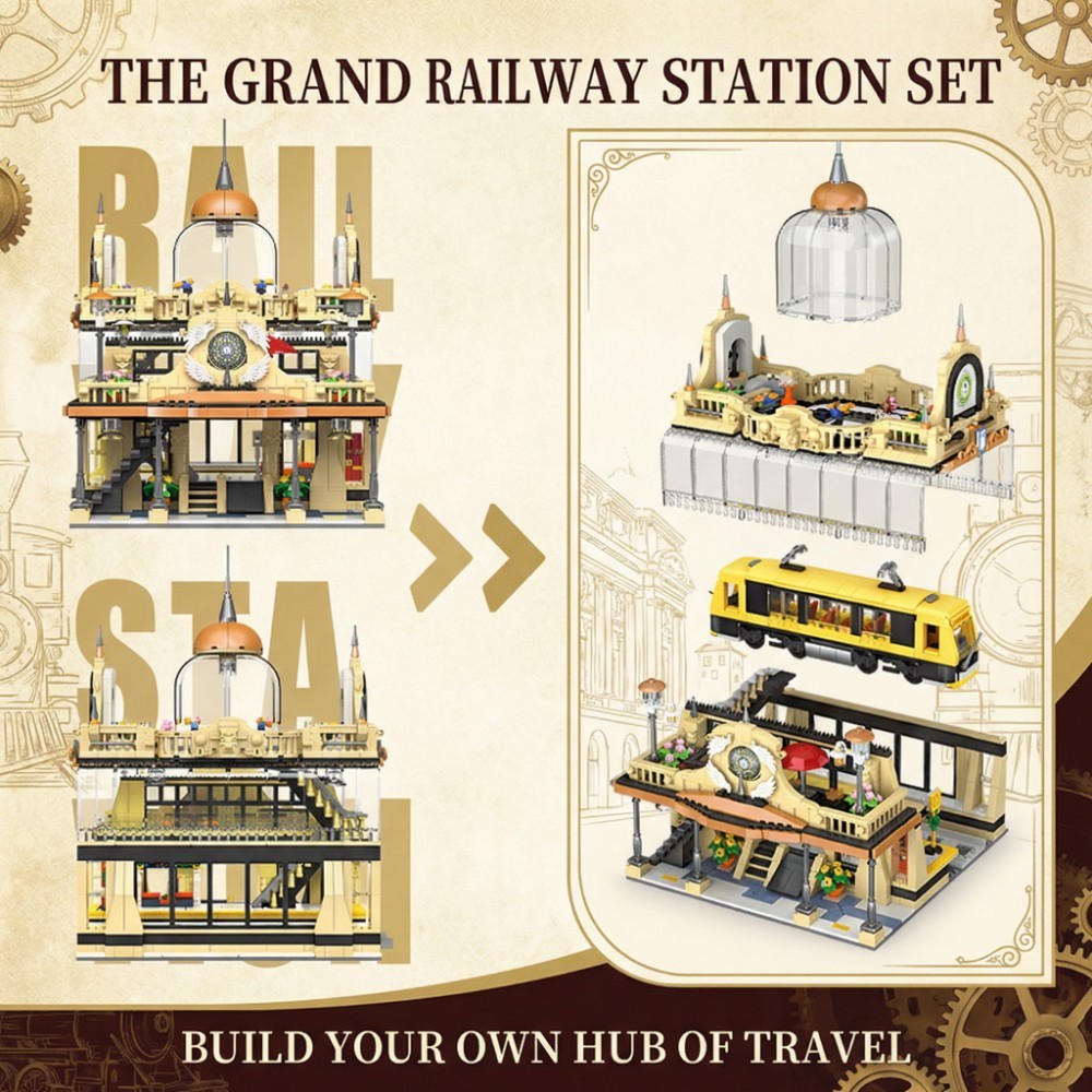 Railway Station Architecture Building Set-Steampunk Railway Station with LED Light Building-Bricks Set 1945 Pieces for Adults and Teens-CJ03