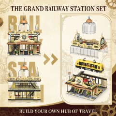 Railway Station Architecture Building Set-Steampunk Railway Station with LED Light Building-Bricks Set 1945 Pieces for Adults and Teens-CJ03