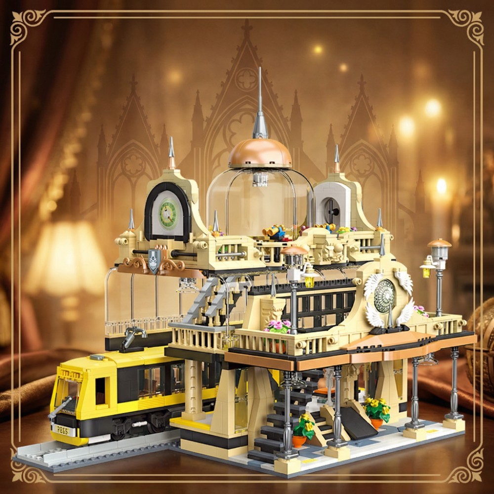 Railway Station Architecture Building Set-Steampunk Railway Station with LED Light Building-Bricks Set 1945 Pieces for Adults and Teens-CJ03
