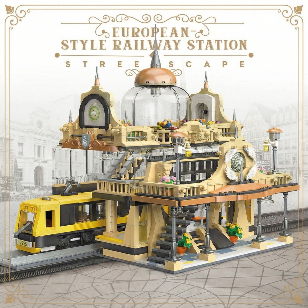 Railway Station Architecture Building Set-Steampunk Railway Station with LED Light Building-Bricks Set 1945 Pieces for Adults and Teens-CJ03