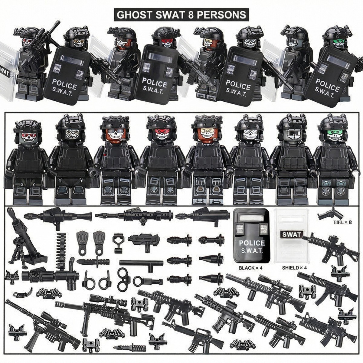 SWAT Military Police Building Block Kit, Soldiers Minifigures, Modern Weapons and Accessories Gift- BR011