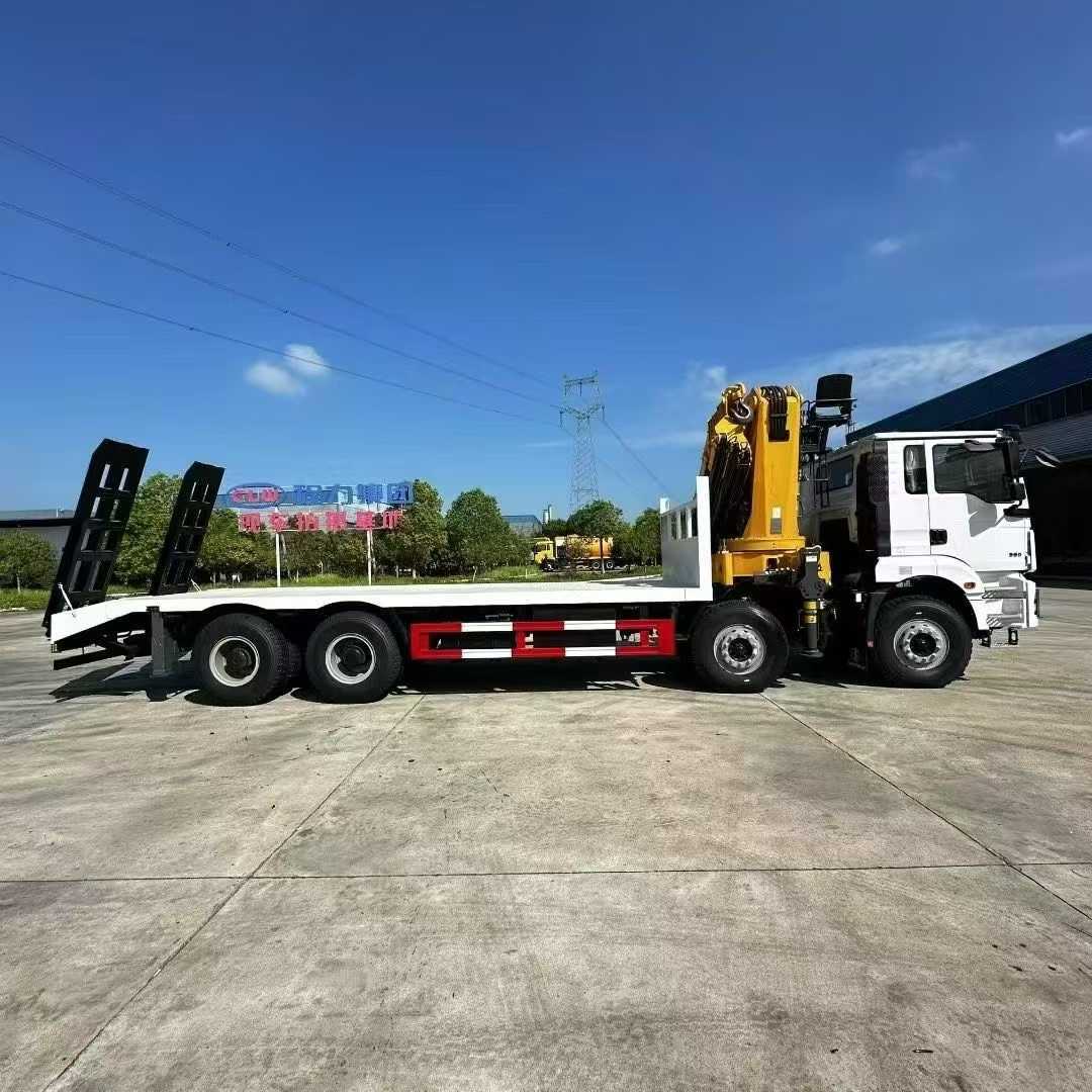 Shaanxi Auto Delong 8*4 export model flatbed transport truck with folding arm crane