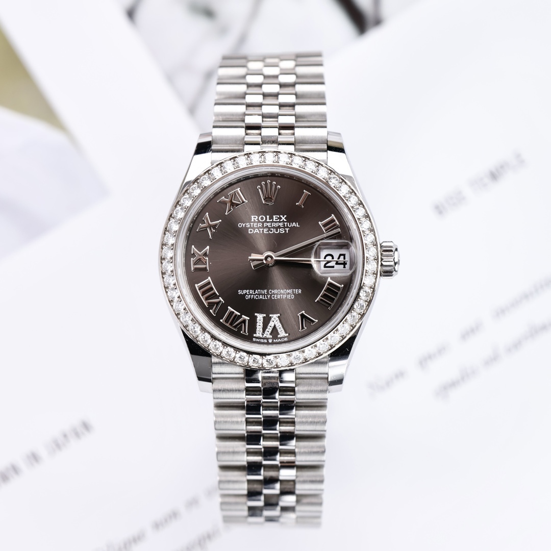 Rolex Datejust, lunetta con diamanti, numeri romani grigi, Vie diamanti, 31 mm.