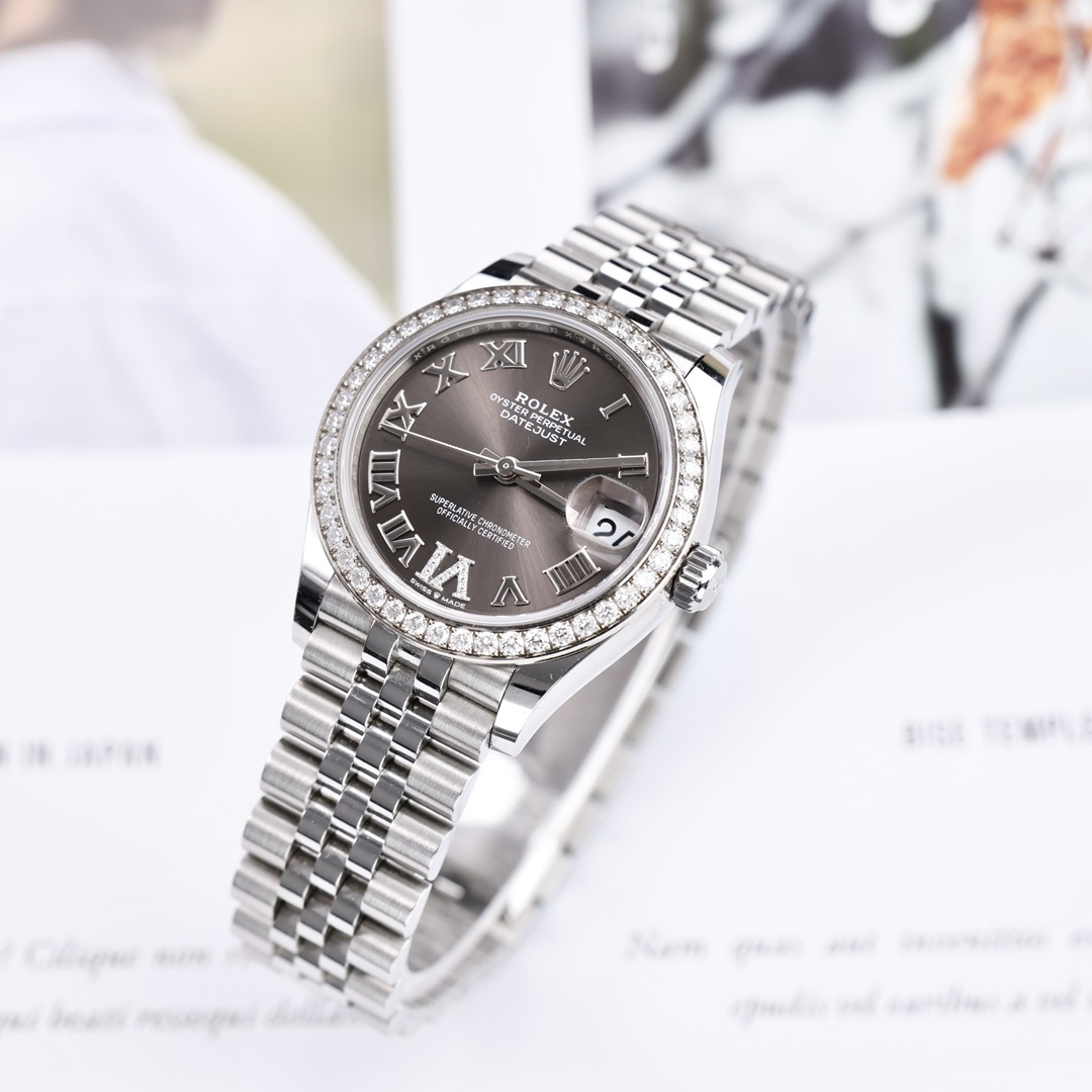 Rolex Datejust, lunetta con diamanti, numeri romani grigi, Vie diamanti, 31 mm.