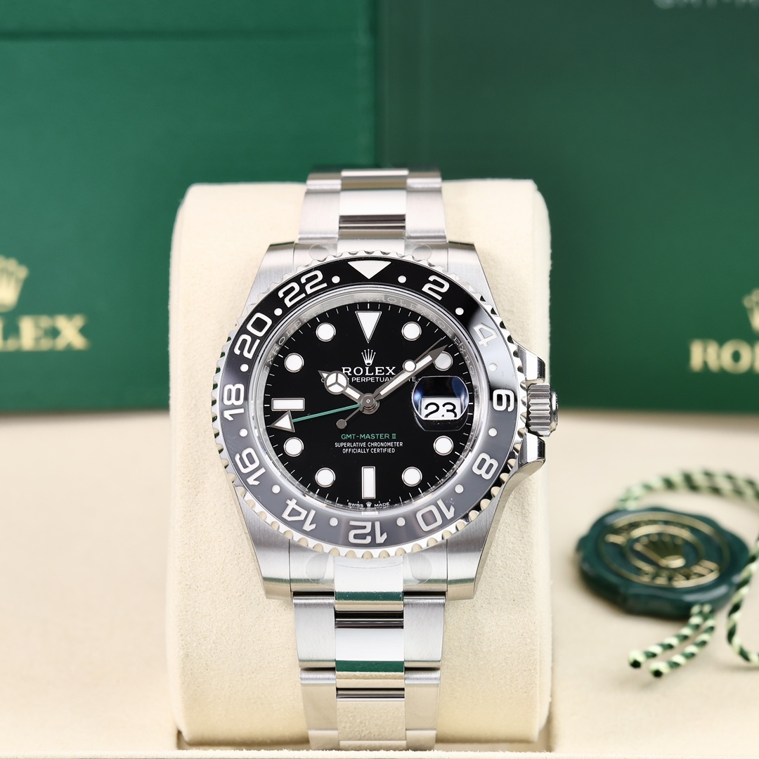 Orologio sportivo Rolex GMT-Master II Sprite Bezel Dual Time, lunetta in ceramica nera/grigia, orologio meccanico automatico svizzero.