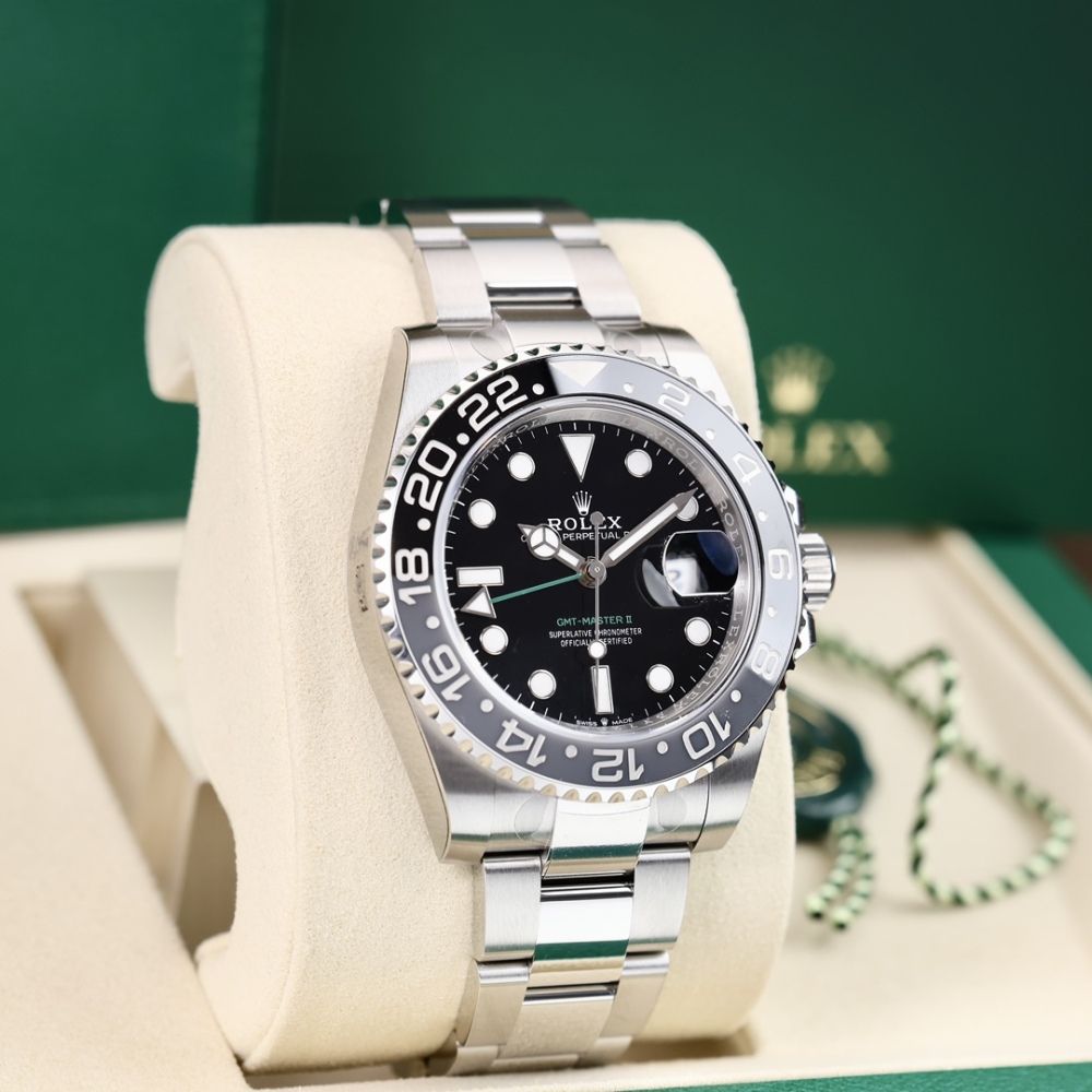 Orologio sportivo Rolex GMT-Master II Sprite Bezel Dual Time, lunetta in ceramica nera/grigia, orologio meccanico automatico svizzero.