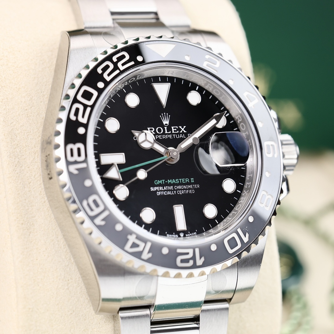 Orologio sportivo Rolex GMT-Master II Sprite Bezel Dual Time, lunetta in ceramica nera/grigia, orologio meccanico automatico svizzero.
