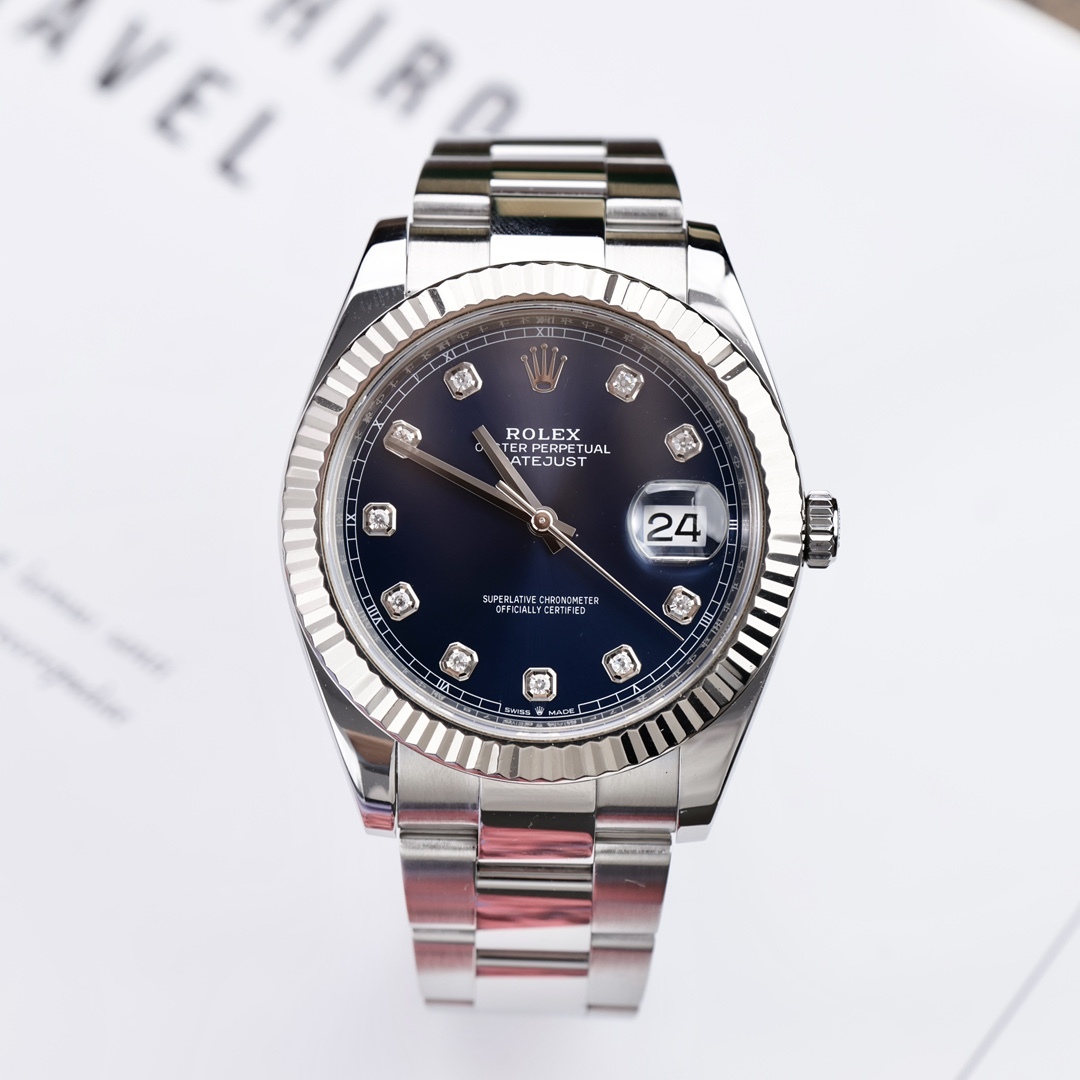 Orologio da uomo automatico Rolex Datejust 41 mm in acciaio inossidabile con quadrante blu e incisioni di diamanti 10 rubini, bracciale Jubilee