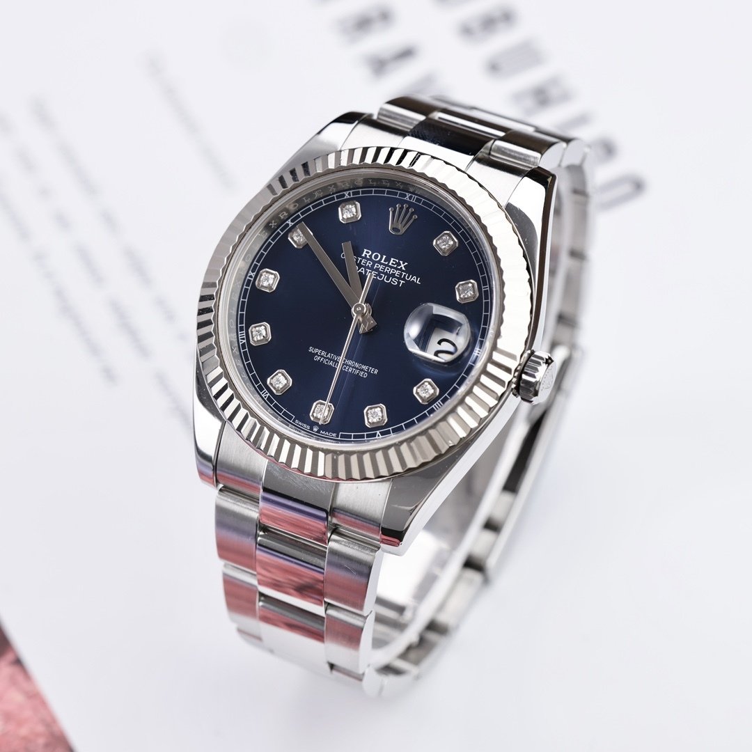 Orologio da uomo automatico Rolex Datejust 41 mm in acciaio inossidabile con quadrante blu e incisioni di diamanti 10 rubini, bracciale Jubilee