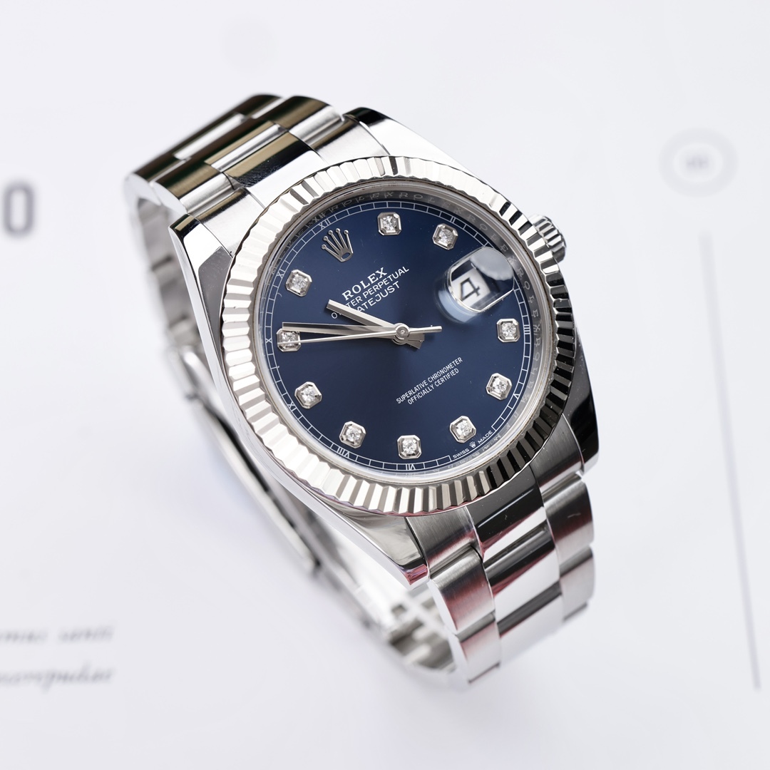 Orologio da uomo automatico Rolex Datejust 41 mm in acciaio inossidabile con quadrante blu e incisioni di diamanti 10 rubini, bracciale Jubilee