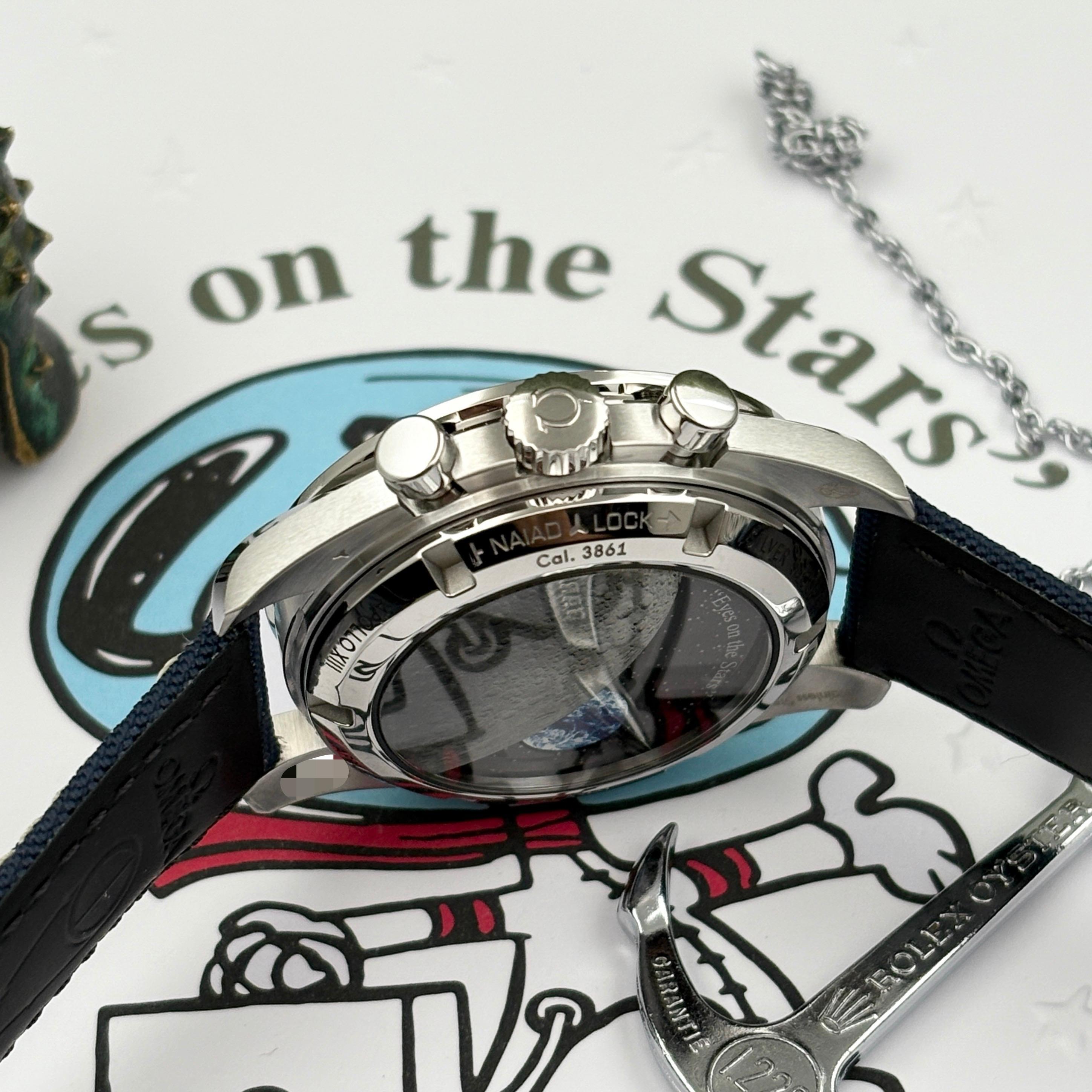 Omega Speedmaster Professional Moonwatch Snoopy Silver Edition con lunetta blu e cinturino in tela - Orologio da uomo meccanico automatico