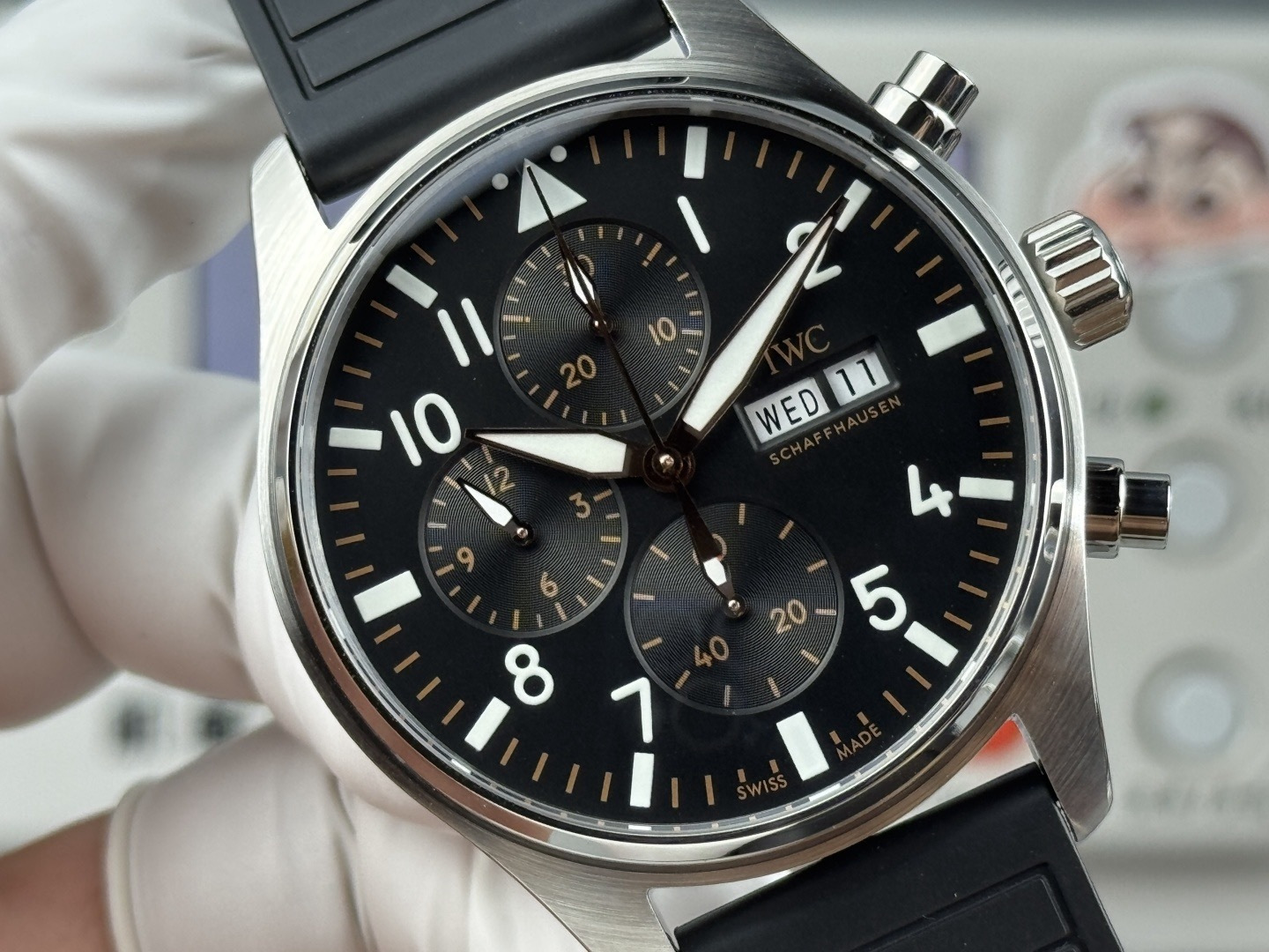 Orologio da pilota IWC, cronografo con quadrante nero e doppio calendario, orologio meccanico automatico da uomo.