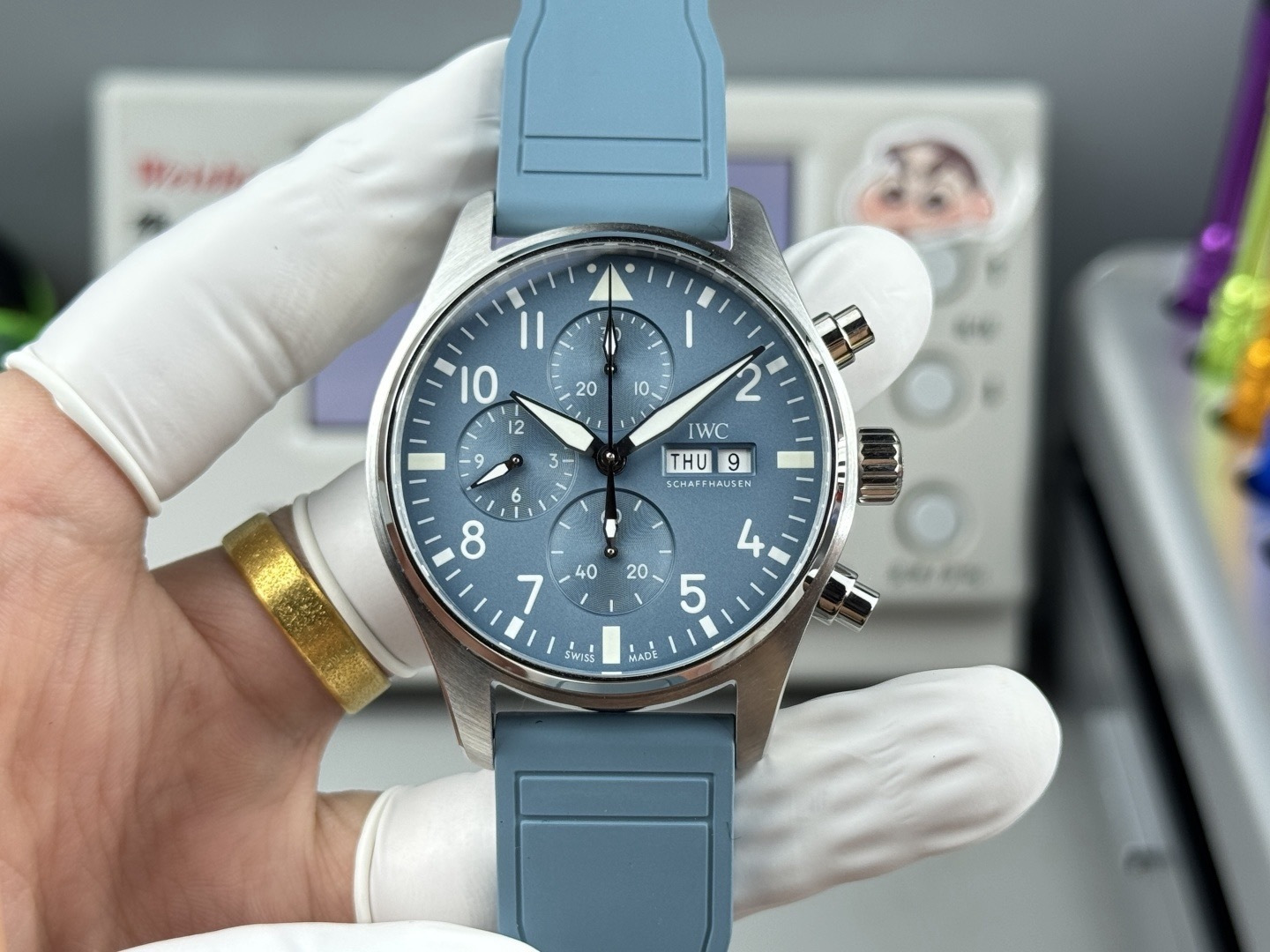 Orologio da pilota IWC, cronografo con quadrante blu e doppio calendario, orologio meccanico automatico da uomo.
