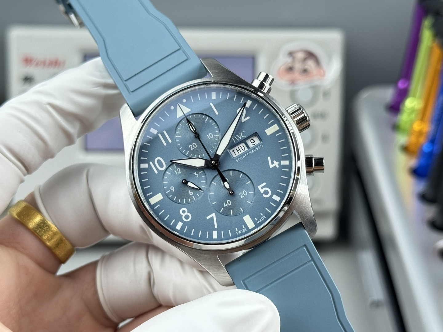 Orologio da pilota IWC, cronografo con quadrante blu e doppio calendario, orologio meccanico automatico da uomo.