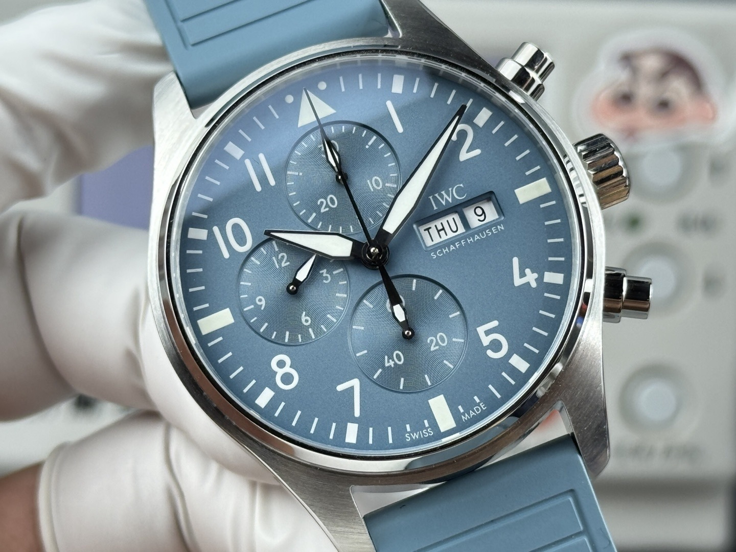 Orologio da pilota IWC, cronografo con quadrante blu e doppio calendario, orologio meccanico automatico da uomo.