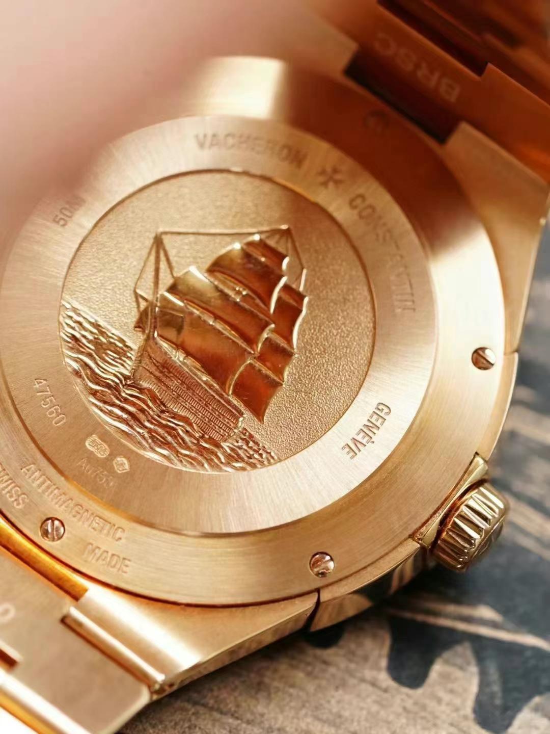 Orologio sportivo di lusso da donna Vacheron Constantin Overseas in oro rosa con lunetta tempestata di diamanti.