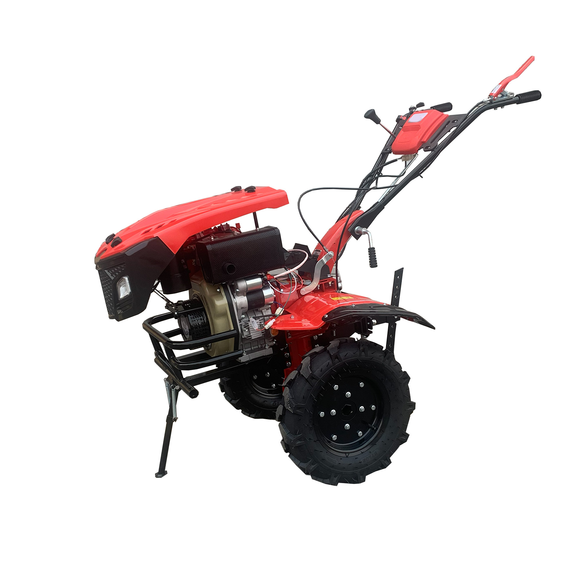 UPGRADED 7HP Diesel Tiller Engine Cover With Light BIG Tire & Bumper Engine 173F 32mm Shaft