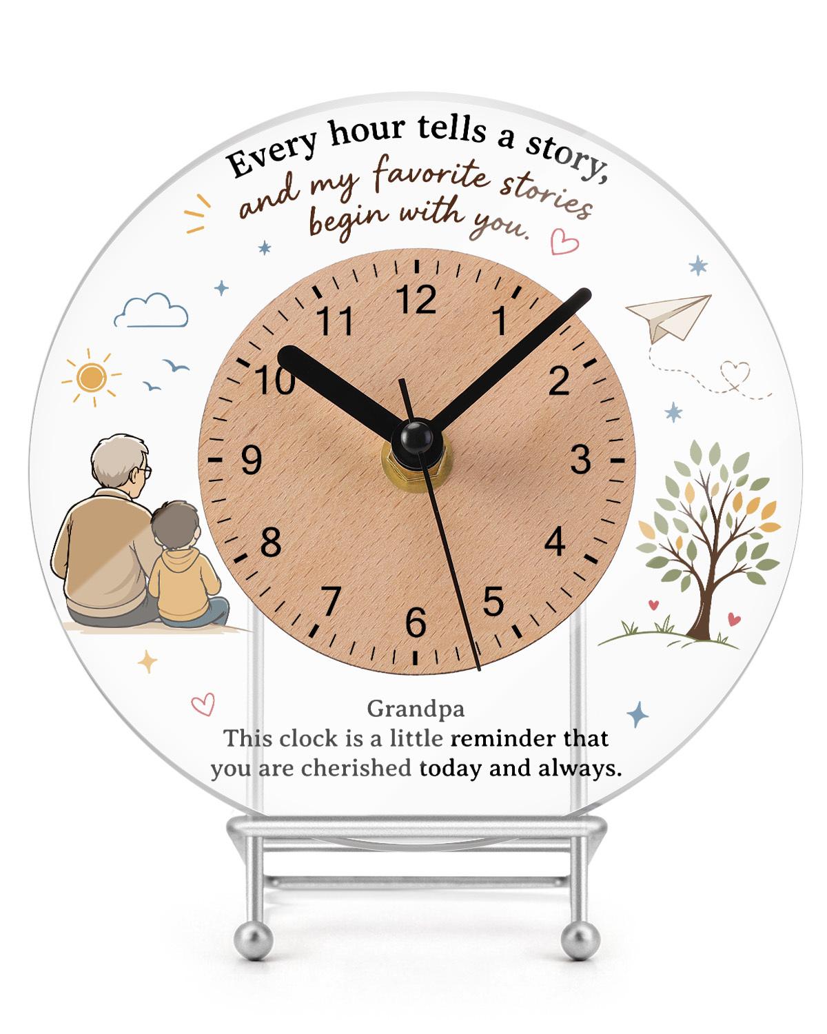 Custom Round Acrylic Desktop and Wall Clock with Wooden Dial