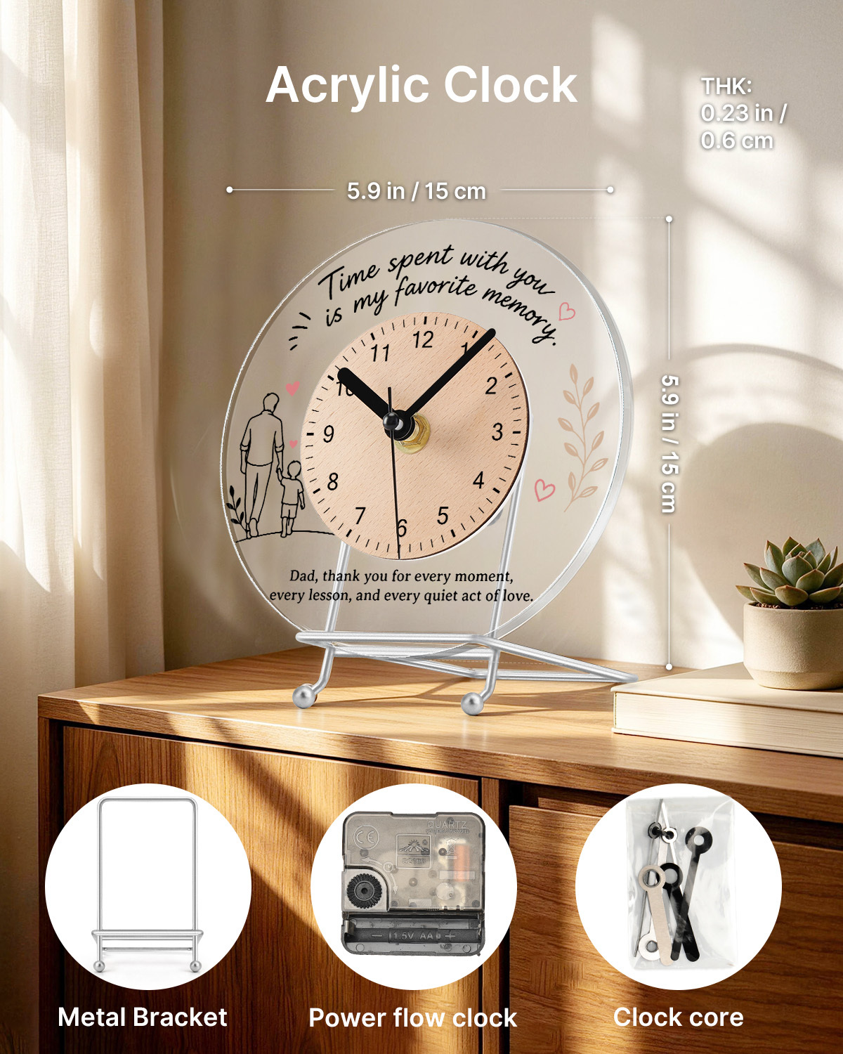 Custom Round Acrylic Desktop and Wall Clock with Wooden Dial