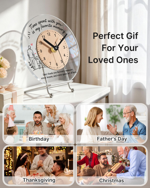 Custom Round Acrylic Desktop and Wall Clock with Wooden Dial